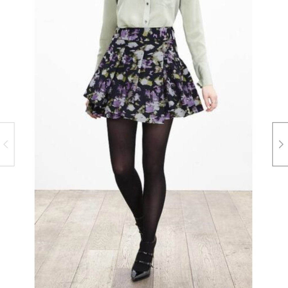 Banana Republic Womens Floral Jacquard Pleated Skirt Summer Plum Black